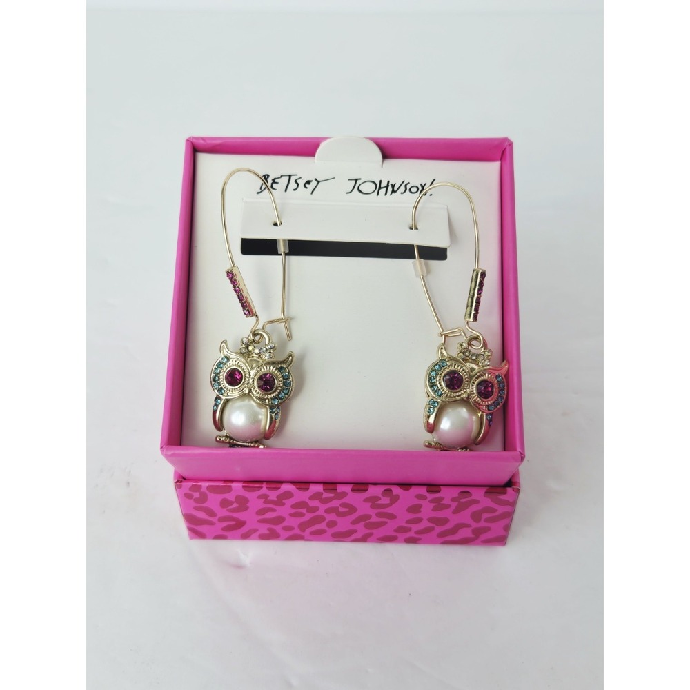 Betsey Johnson Earrings dangle hoop gold tone owl pearl rhinestone NEW